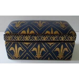 Vintage Oriental Accent Vanity Porcelain Coffin Box Dark Blue Gold Fleur De Lis